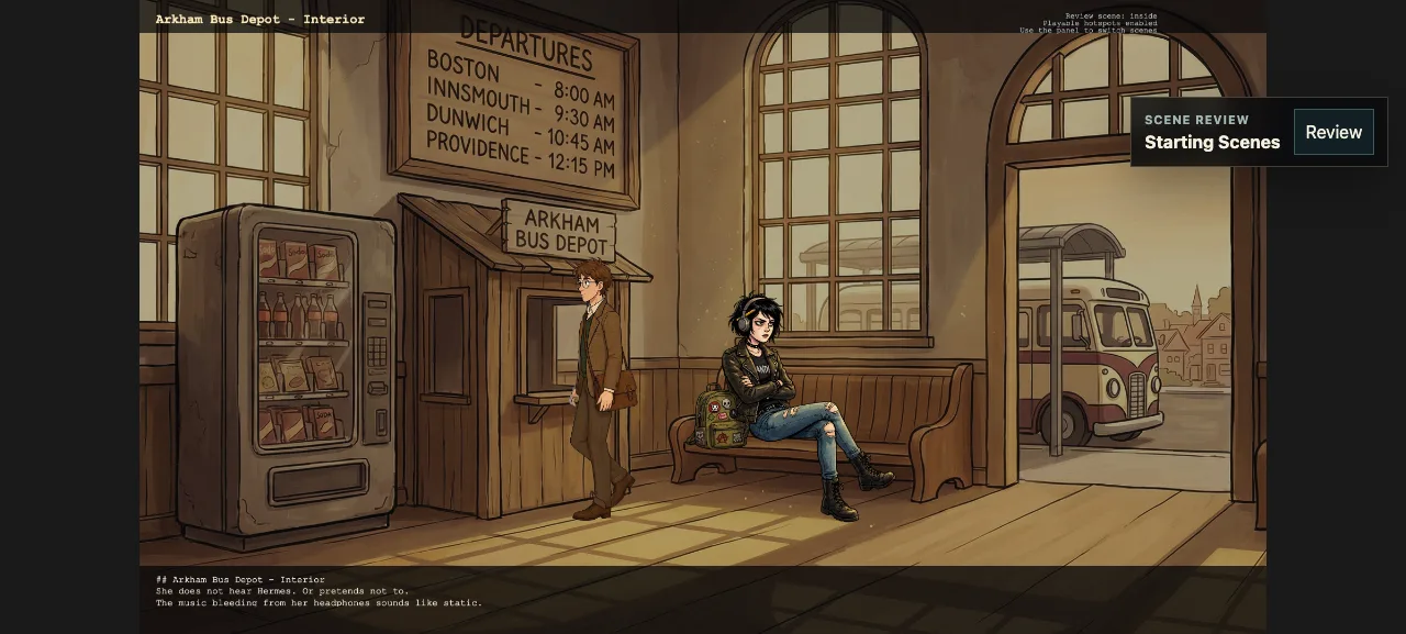 Anima editor showing the Arkham Bus Depot interior scene: two characters, a departures board, and the Scene Review panel that lets you switch and inspect scenes.