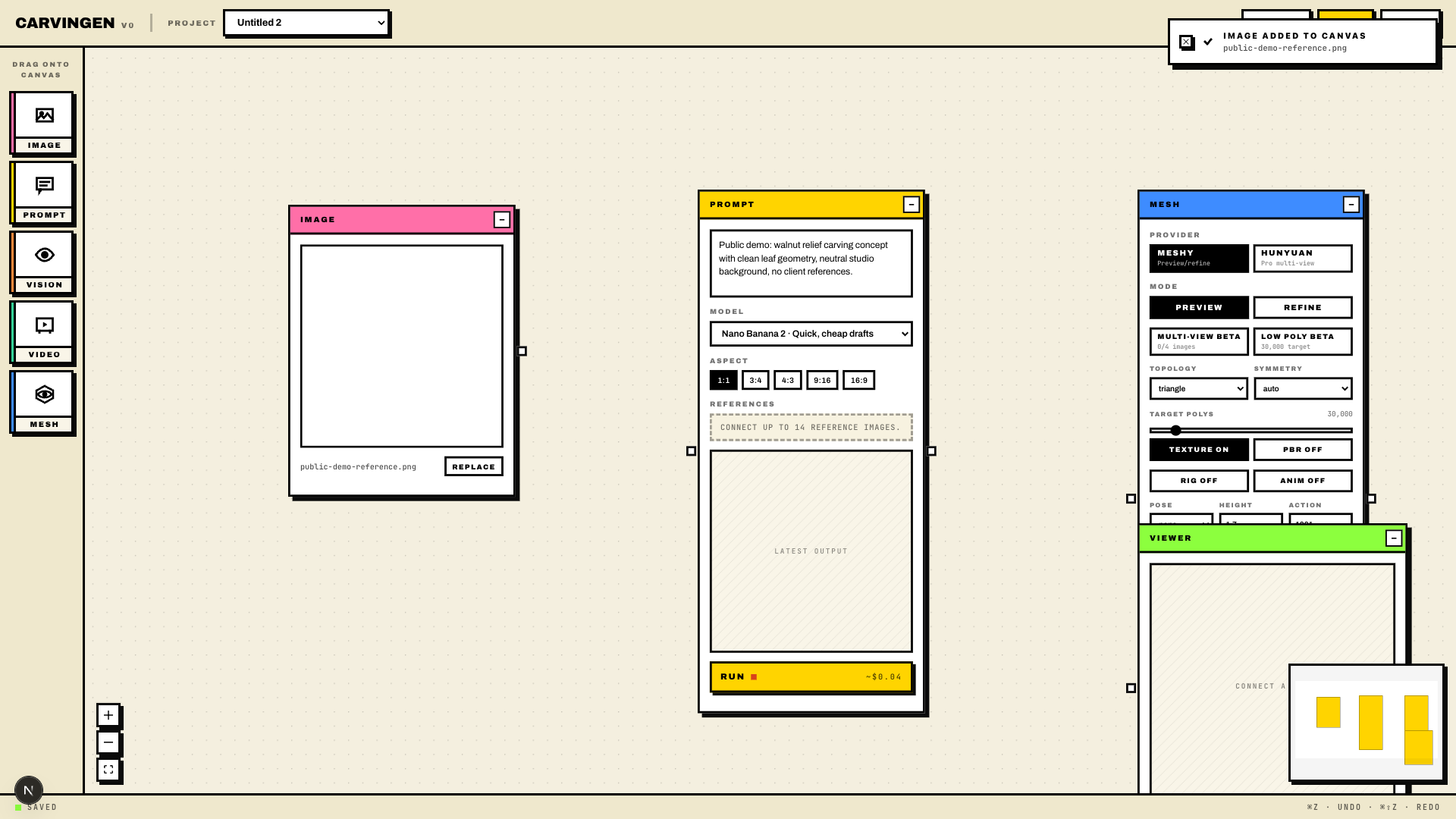 Carvingen runtime canvas with fake public-demo image, prompt, mesh, and viewer nodes on an isolated temporary database.