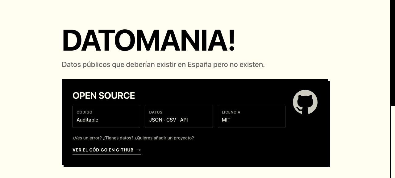Live Datomania homepage showing the DATOMANIA title, open-source status, auditable code, JSON CSV API data, MIT license, and GitHub link.
