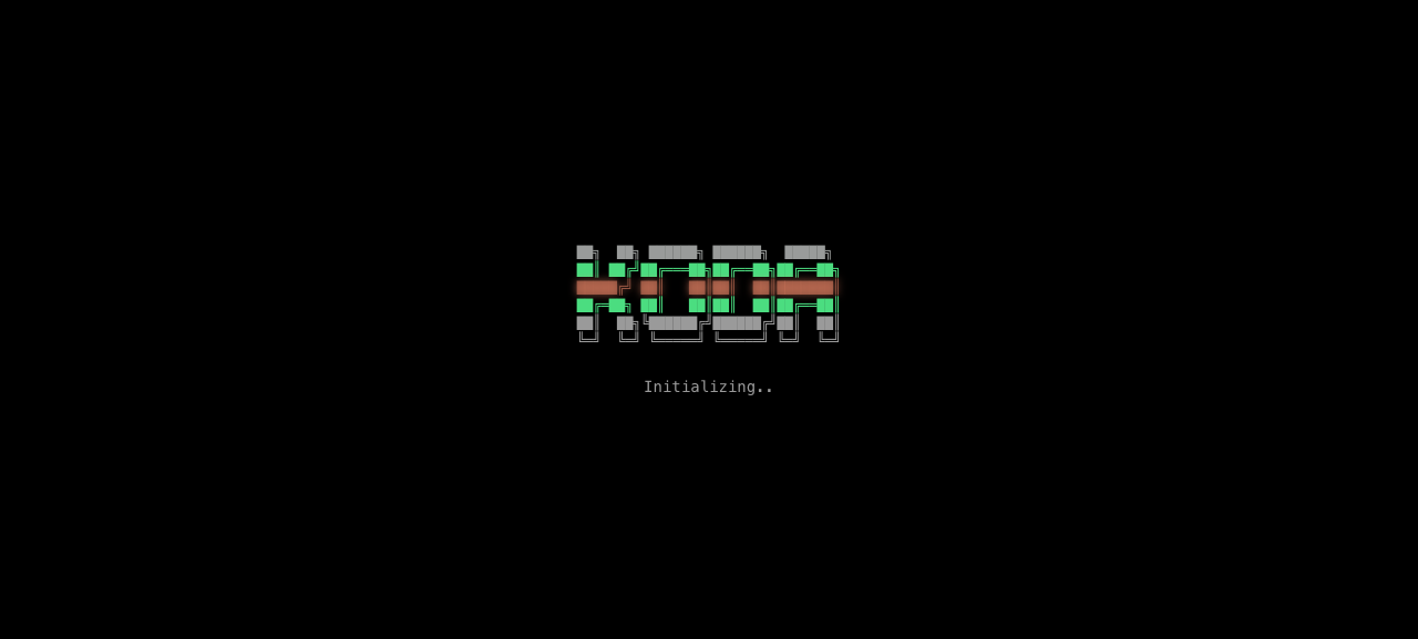 Koda initializing splash screen with pixel-art Koda wordmark on a black background.