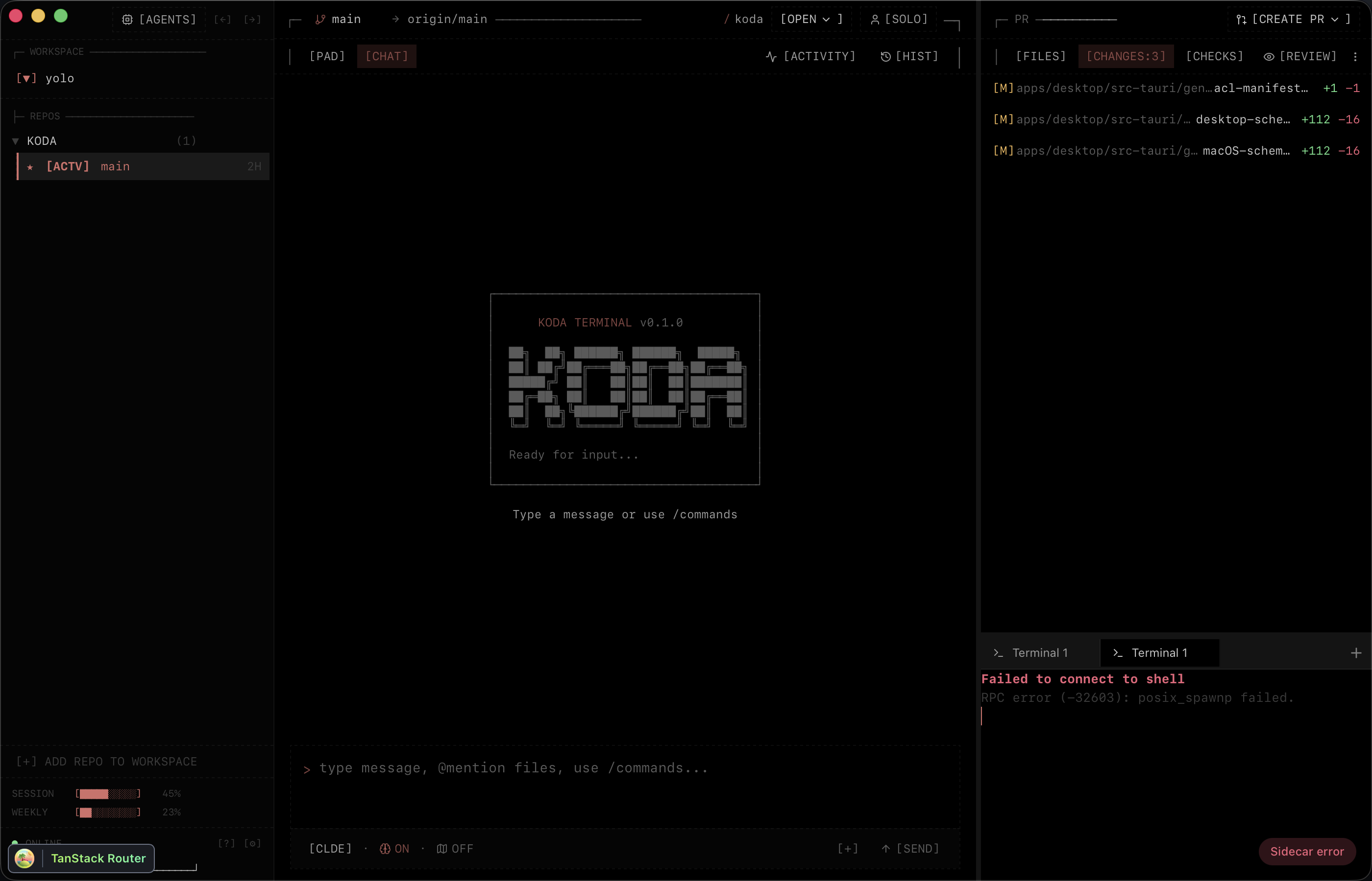 Koda desktop app running: workspace sidebar with an active main session, ASCII Koda terminal panel, and a right-side review panel listing three changed files with additions and deletions.