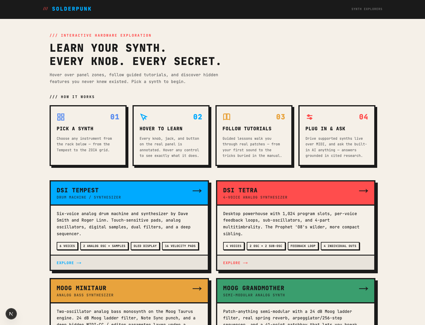 Solderpunk landing page showing synth explorer cards and a four-step interaction model.