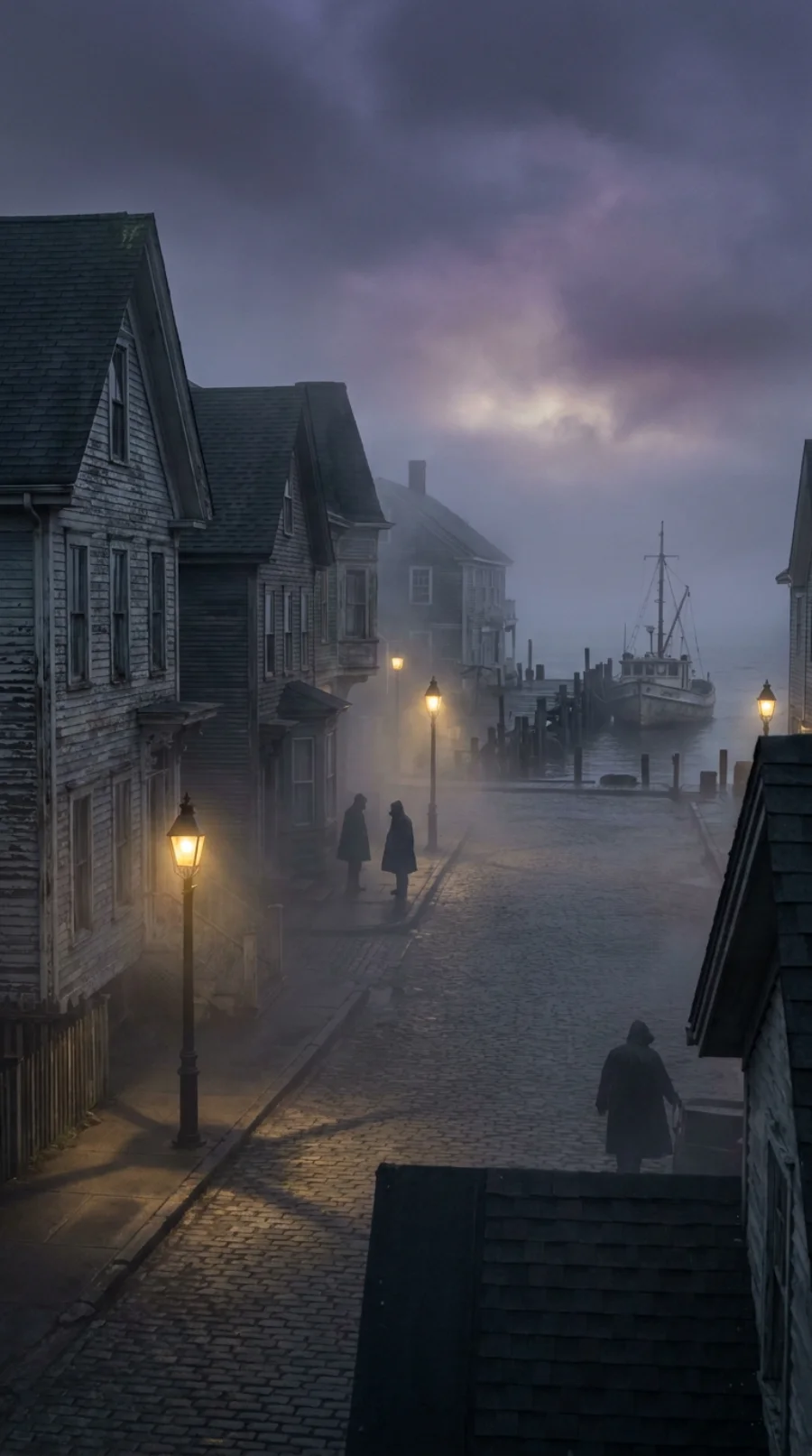 A generated Innsmouth scene: a foggy cobblestone street at dusk, gas-lamp light, sagging clapboard houses, a fishing boat at the misty dock, cloaked figures in the street.