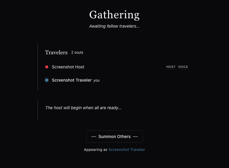 The Pulse multiplayer lobby: a traveler list, host and voice controls, a summon-others action, and room-ready state.